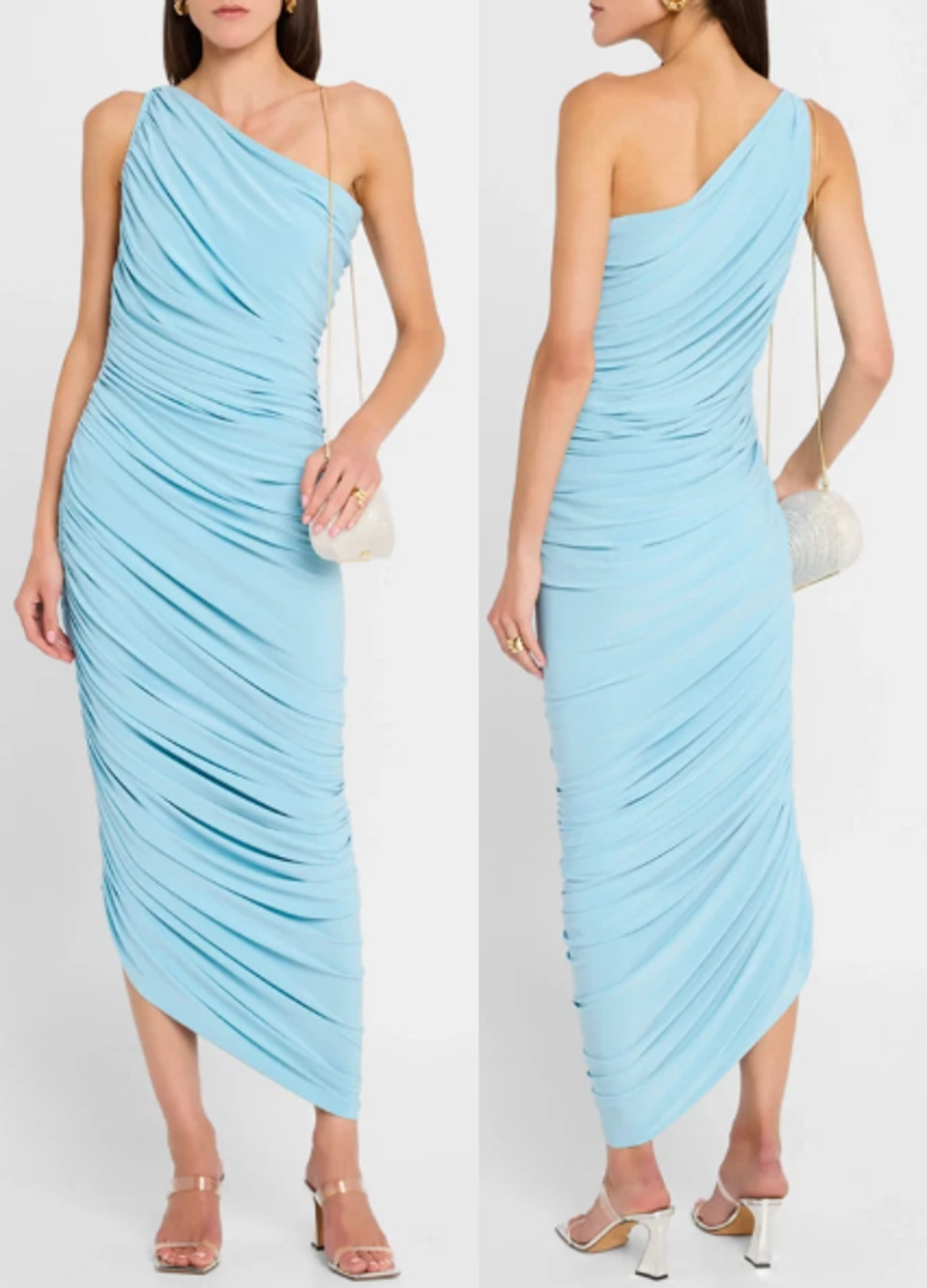 Norma Kamali Diana One Shoulder Asymmetric Ruched Maxi Dress Powder Blue Large